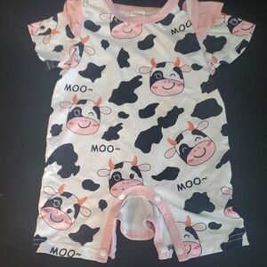 SHEIN Black & White Cow Print Romper with Pink Trim
